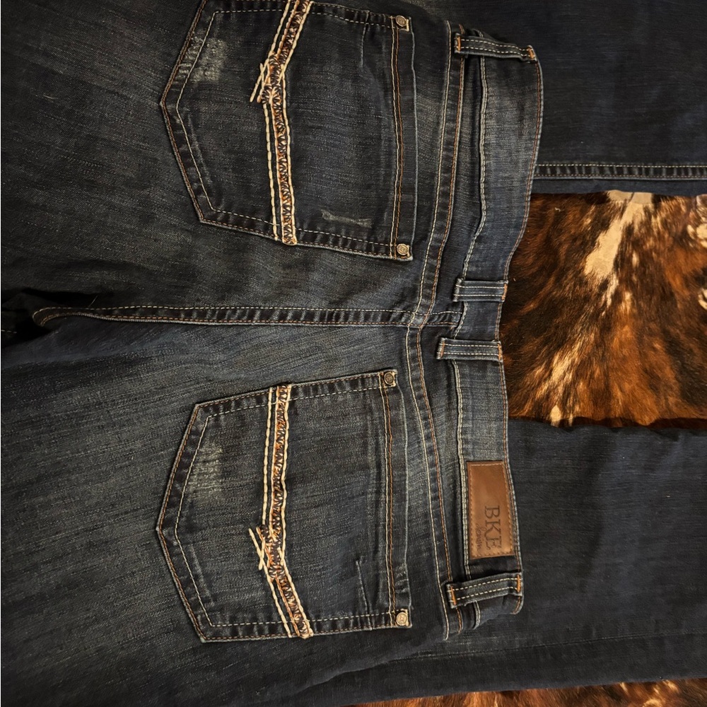 BKE “Scarlet” Boot cut Indigo Jeans with Tan Stitching, Size 34 XL